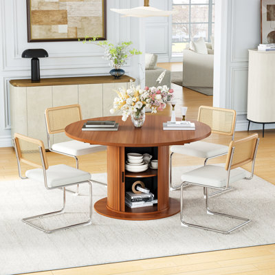 47-63" Extendable Dining Set, Rattan Velvet Cantilever Chairs, Round To Oval Table With Storage Pedestal & Sliding Doors, 2 Leaves