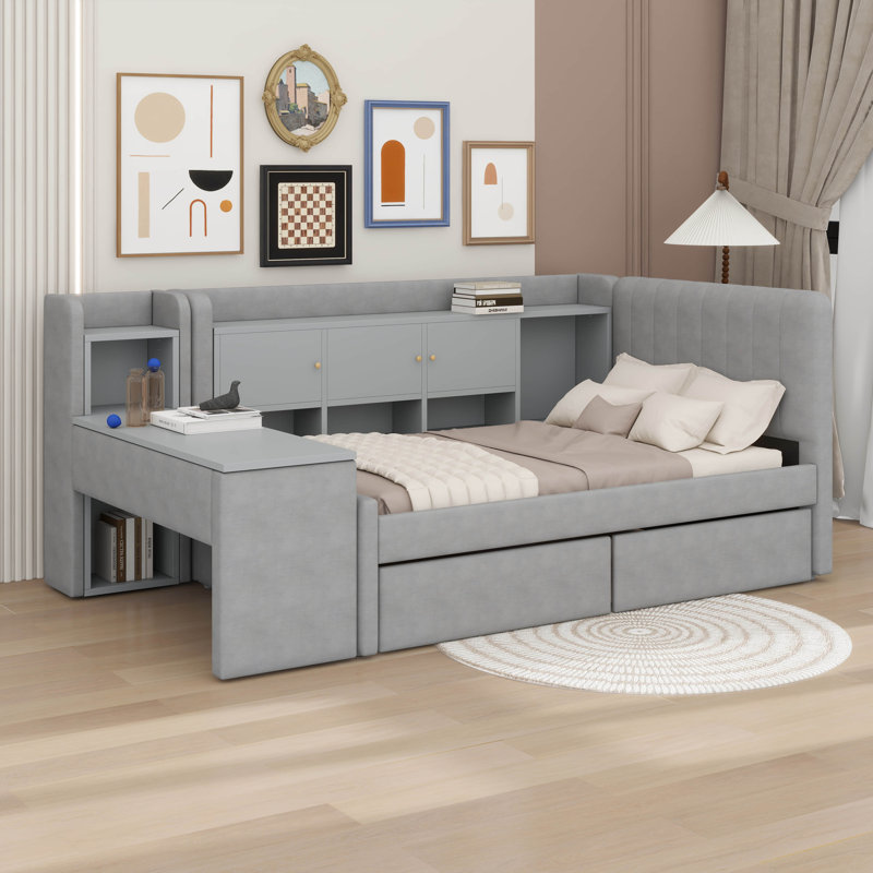 Upholstered Twin Size Daybed With Desk Integrated 2-Shelf, L-Shaped Day Bed With Drawers And Bookshelf, Gray