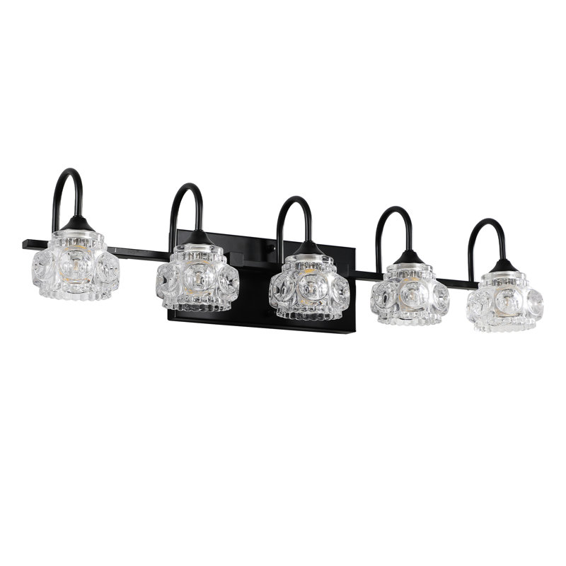Meuble-lavabo de salle de bain à 5 abat-jour en cristal noir avec finition noire. Fixation murale pour salle de bain, vestiaire. Fer et cristal, 110 à 120 V, 5 ampoules G9 non fournies, 60 W maximum pour chaque ampoule - 5 lumières, avec