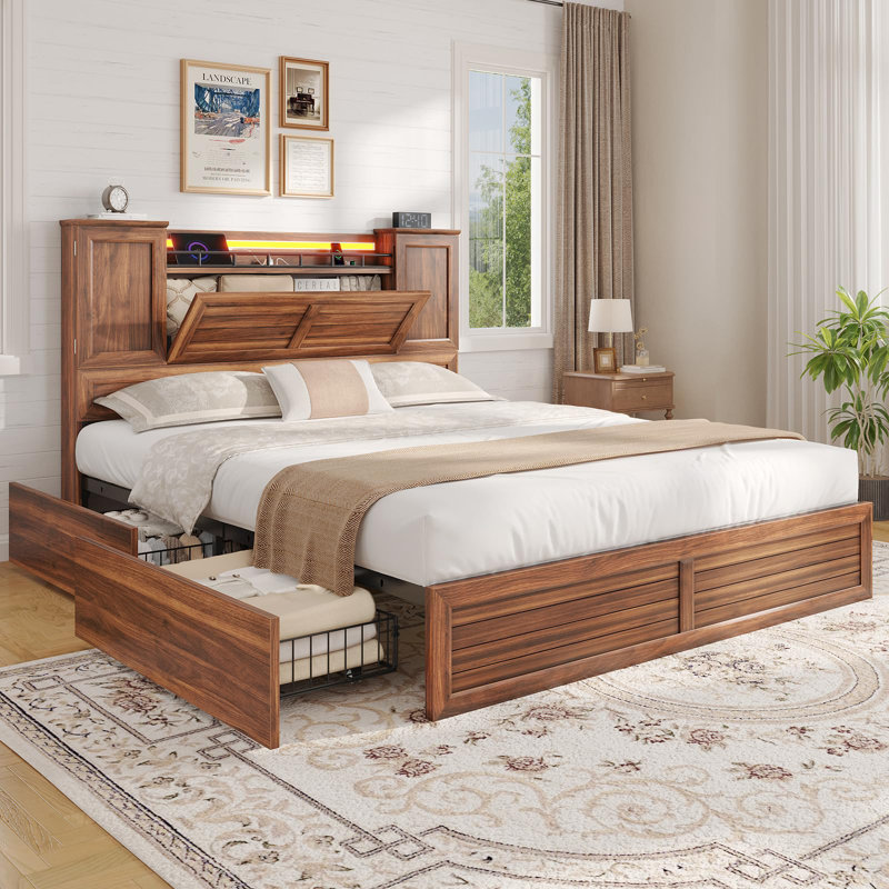 Cadre de lit double Farmhouse avec tête de lit et armoires de rangement, cadre de lit plateforme en bois avec 4 tiroirs, aucun sommier nécessaire, brun