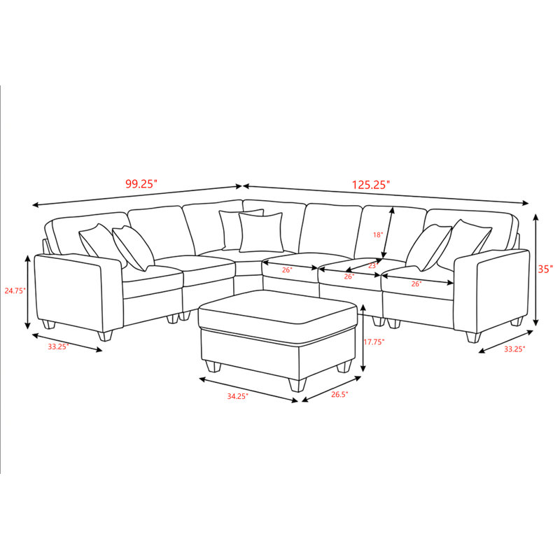 Shayle Artificial Leather Modular Sectional With Ottoman, Beige Faux Leather, 35"H x 125.25"W x 33.25"D