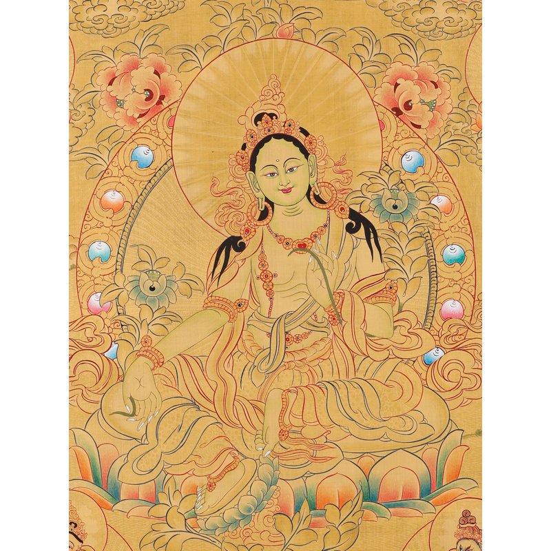 Thangka «Swift Compassion» peint à la main - H 27,6 po x l 18,9 po, art mural tibétain vert avec feuille d'or véritable 24 carats pour les studios de yoga et décoration intérieure paisible