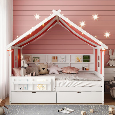 Twin House Bed Frame with Tent Canopy, Storage Drawers, Bookshelf & Guardrail, Wooden Playhouse Bed, Gray