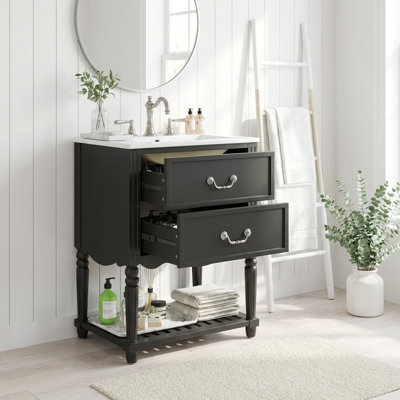 Meuble-lavabo rétro avec lavabo en céramique, tiroirs à fermeture en douceur et tablette ouverte