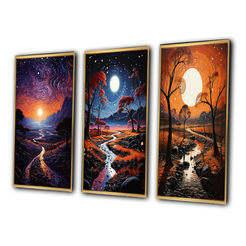 «Afrique Art Night Mirage», 3 pièces sur toile, Encadrement doré, H 28 po x l 36 po