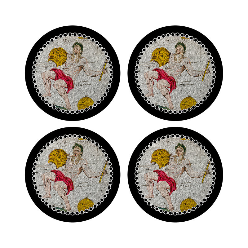 Zodiac Aquarius White Vegan Leather Round Coasters, Black