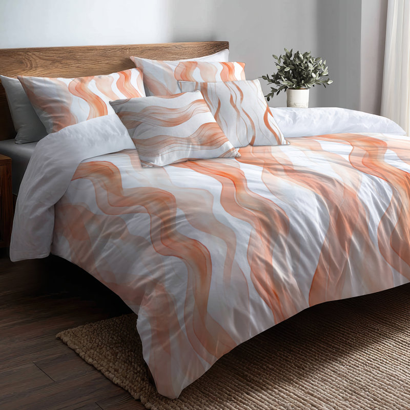 Ensemble de literie moderne de 6 pièces - Ensemble de literie abstrait Terra Lines orange et blanc