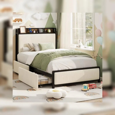 Upholstered Platform Bed Frame with Storage Headboard  2 Drawers - Built-in Charging Station, Noise-Free, Easy Assembly - No Box Spring Needed - Ligh