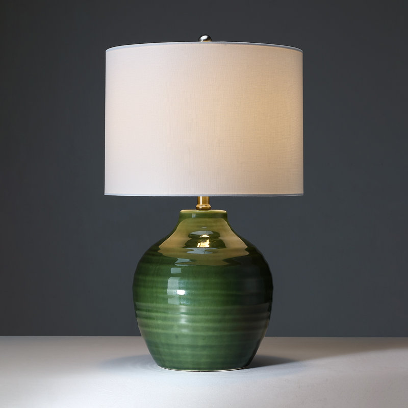 Lampe de table en céramique verte 23 po à 3 voies avec abat-jour tambour