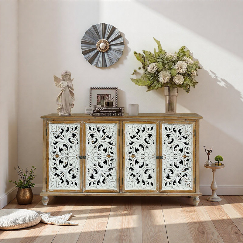 Armoire décorative avec 4 portes, buffet de ferme avec rangement, armoire de rangement moderne avec portes florales sculptées en bois pour le salon, la salle à manger, l'entrée, le couloir, la cuisine