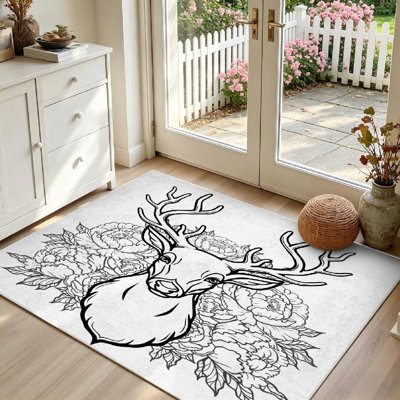 Tapis intérieur noir lavable à la machine, motif tête de jeune cerf, fleurs et chemise blanche