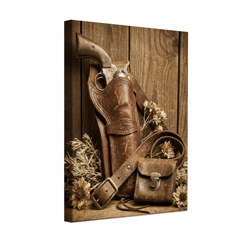 Étui de cowboy rétro et fleurs sur bois, H 16 po x l 24 po, Toile tendue sur cadre, Ne s’applique pas