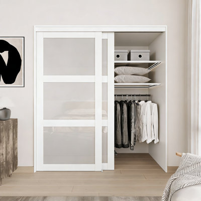 72" x 80" Frosted Glass Sliding Closet Doors with Solid Manufactured Wood  and Installation Hardware Kit