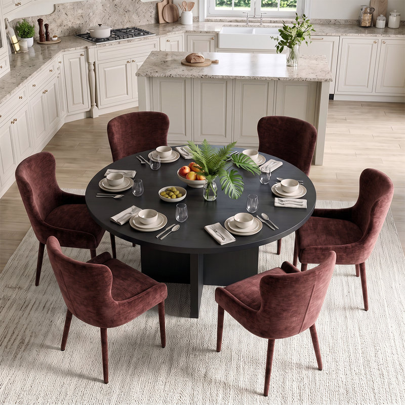Ensemble de table de salle à manger ronde en placage de bois de 60 pouces avec 6 chaises à oreilles en chenille, Wine