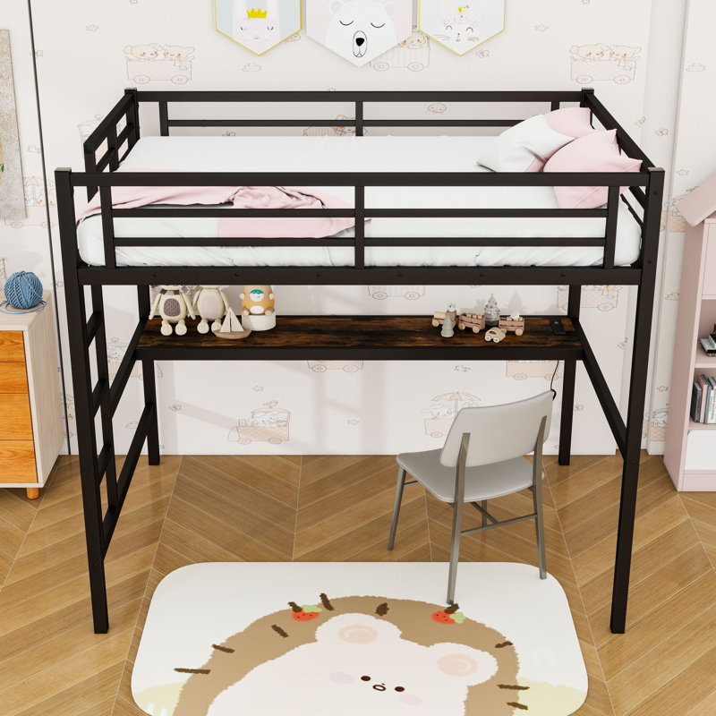 Lit mezzanine en métal avec bureau, port USB et lumières DEL, Double