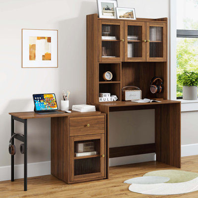 90° Rotatable Desktop Home Office Computer Desk, Independent Glass Door Bookshelf Hutch Combination, Large Working Space Study Table
