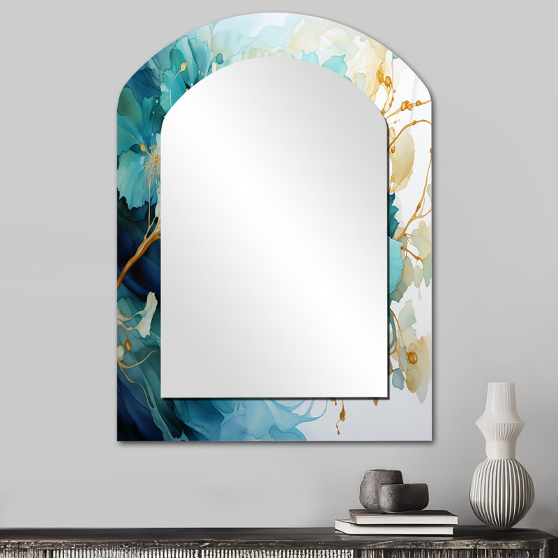 Teal Gold Abstract Fractal Mystic Mirage I - Fractals Asymmetrical Large Mirror, Modern Arch Unique Wall Mirror Decor, Printed Metal Art