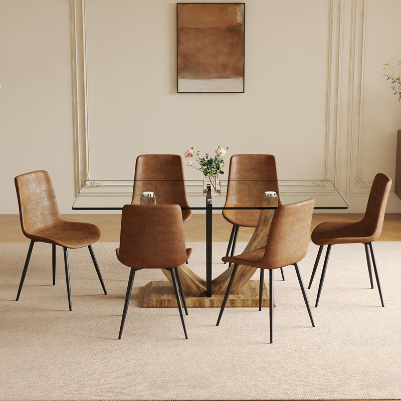 71" Glass Dining Table Set for 6, Tempered Glass Table Top with U-Shaped Legs and Fabric Dining Chairs,Ideal for Kitchens, Living Rooms