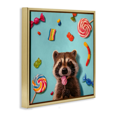 «Raccoon & Sweets Candies», art mural encadré flottant par Lucia Heffernan