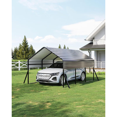 Abri d'auto métallique 10'x15', kit d'abri d'auto robuste et résistant aux intempéries pour camionnettes, bateaux, VR et tracteurs, cadre renforcé avec ancrages