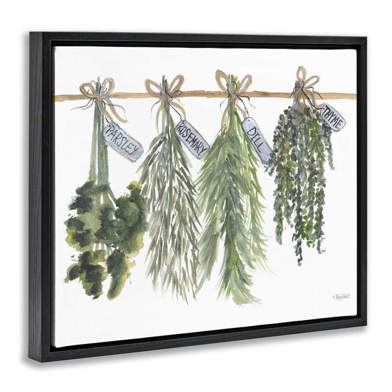 "Hanging Kitchen Herbs", art mural encadré flottant par Roy Ebert, Cadre flottant noir de jais, H 17 po x l 21 po