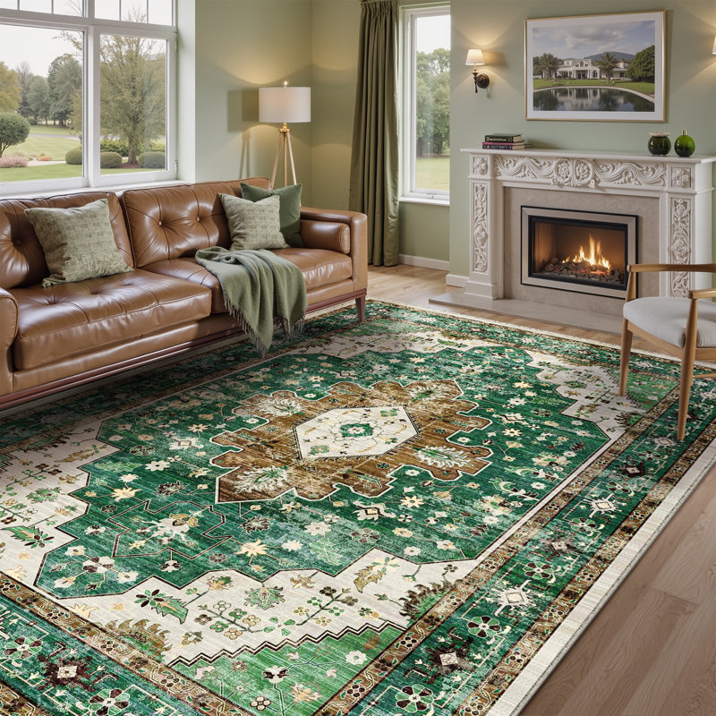 Tapis oriental lavable à la machine pour le salon avec envers antidérapant Elaine, Rectangle 9 pi x 12 pi
