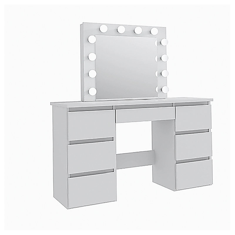 Grandes tables de coiffeuse blanches avec miroir et lumière