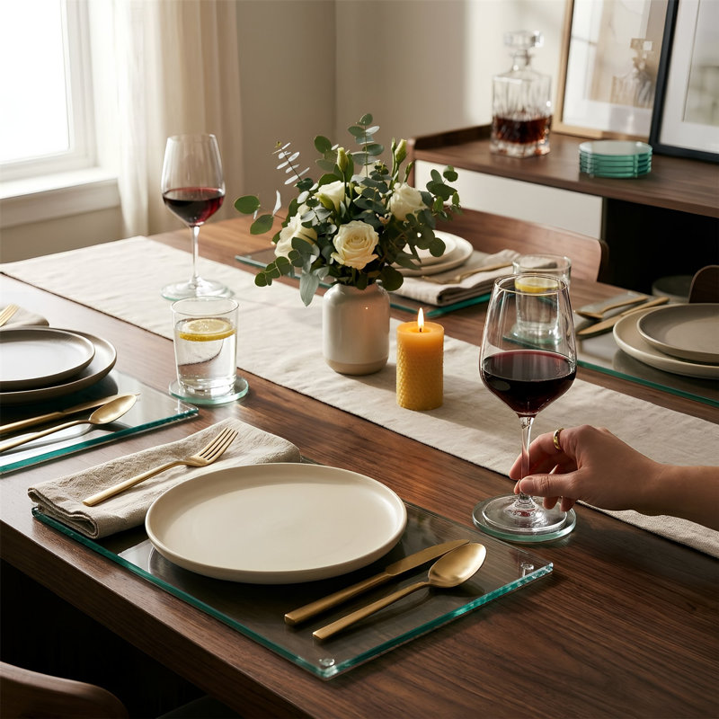 Harbour Housewares - 12pc Glass Placemats & Square Coasters Set - 40cm x 30cm, Clear