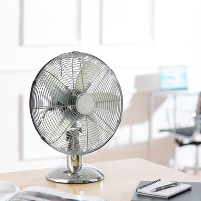Daewoo 12 Inch Chrome Metal Desk Fan 3 Speed Oscillation Adjustable Tilt Quiet, Acrylic Blades