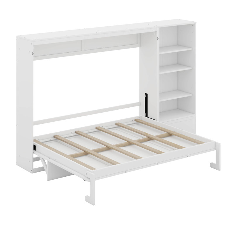 Grand lit escamotable avec rangement réglable, cadre de lit mural avec 4 compartiments, 1 grand tiroir, lit plateforme pliable