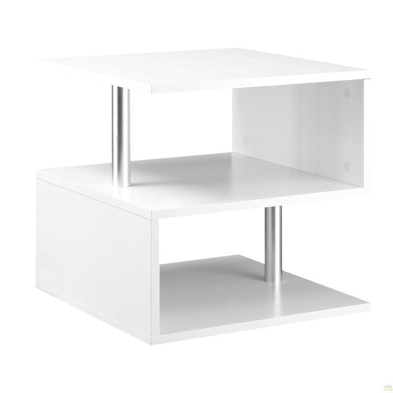Table de bout moderne de 20 po, table d'appoint décorative, table basse en forme de S avec tablette de rangement et poteaux en acier, blanc