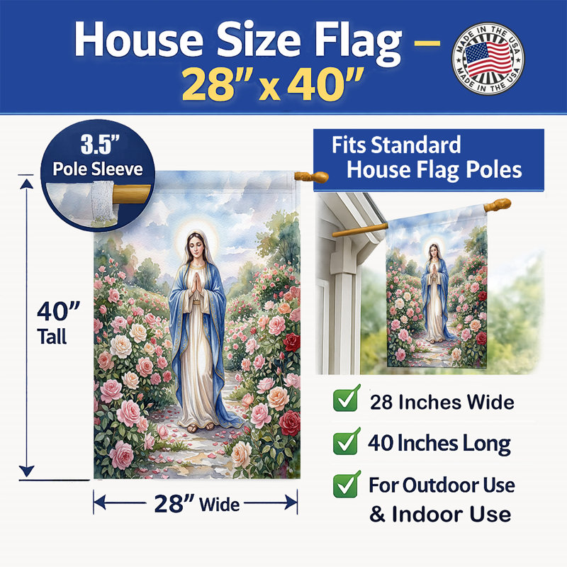 «Mary in Rose Garden», art Catholique, conception de dévotion florale, drapeau de maison, House Size, Mary in Rose Garden