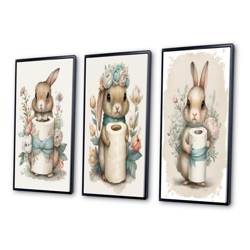 «Lapin avec rouleau de papier hygiénique et fleurs», 3 pièces sur toile, Cadre flottant noir, H 40 po x l 60 po