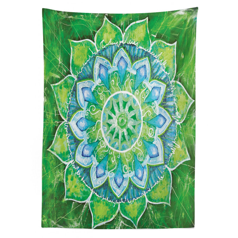Ambesonne Mandala Tablecloth, Grand Mandala With Leaf Forms Of Nature And Theme Green Boho Style Print, Rectangular Table Cover For Dining Room Kitchen Decor, 52" X 70", Green Blue