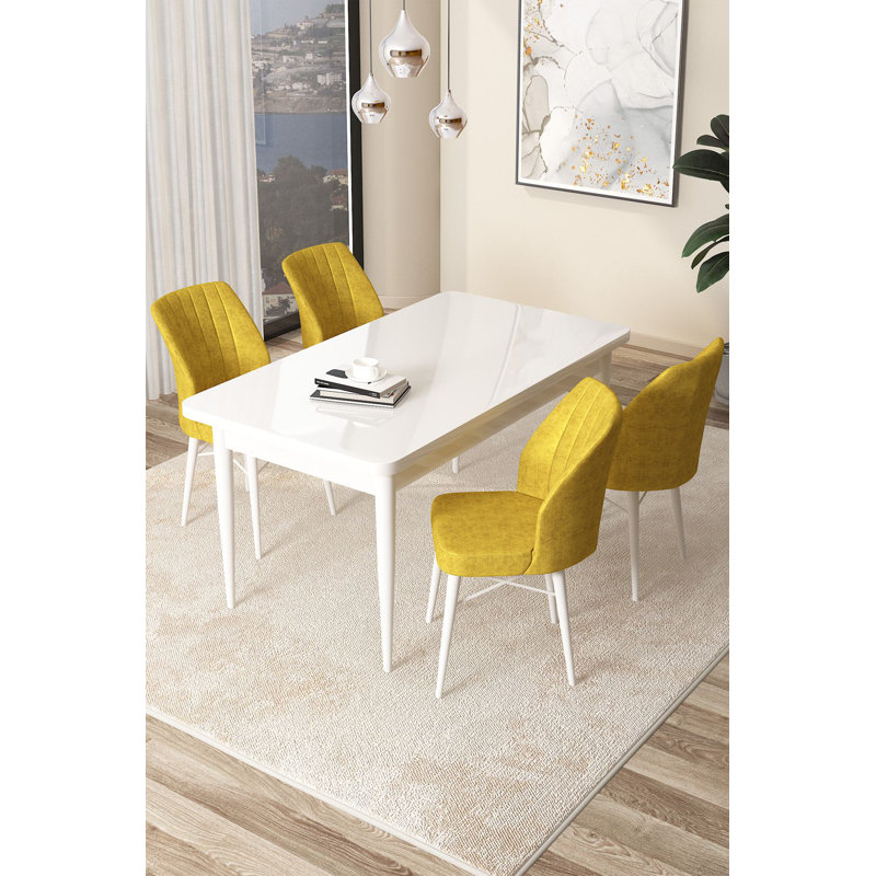 Ensemble de table et chaises de salle à manger, Moutarde, Blanc