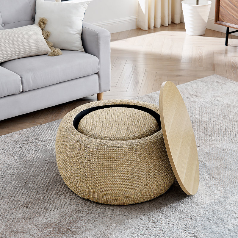 Repose-pieds rond avec rangement, repose-pieds en rotin tissé, fonction 2 en 1, table de bout et repose-pieds, avec petit siège - Nature (25 po x 25 po x 14,7 po)
