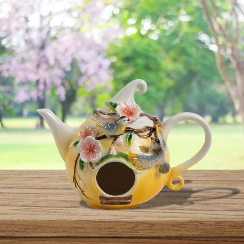 Théière suspendue en porcelaine avec 2 oiseaux bleus et jaunes "Blythe"