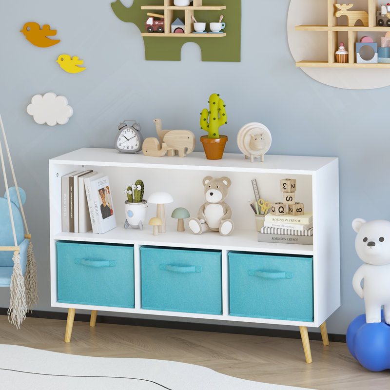 Bibliothèque pour enfants avec tiroirs en tissu pliables, présentoir à livres pour enfants, armoire de rangement pour jouets, blanc / bleu