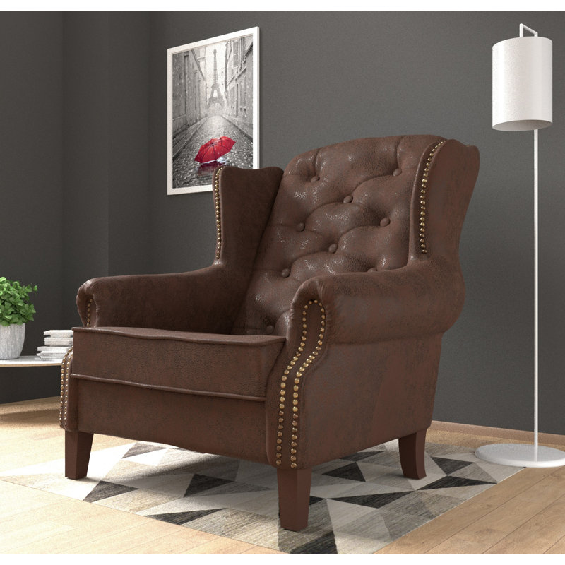 Chesterfield Wingback Armchair  with Quilting And Wooden Legs Made of Luxury Microfibre Vintage Look, Brown