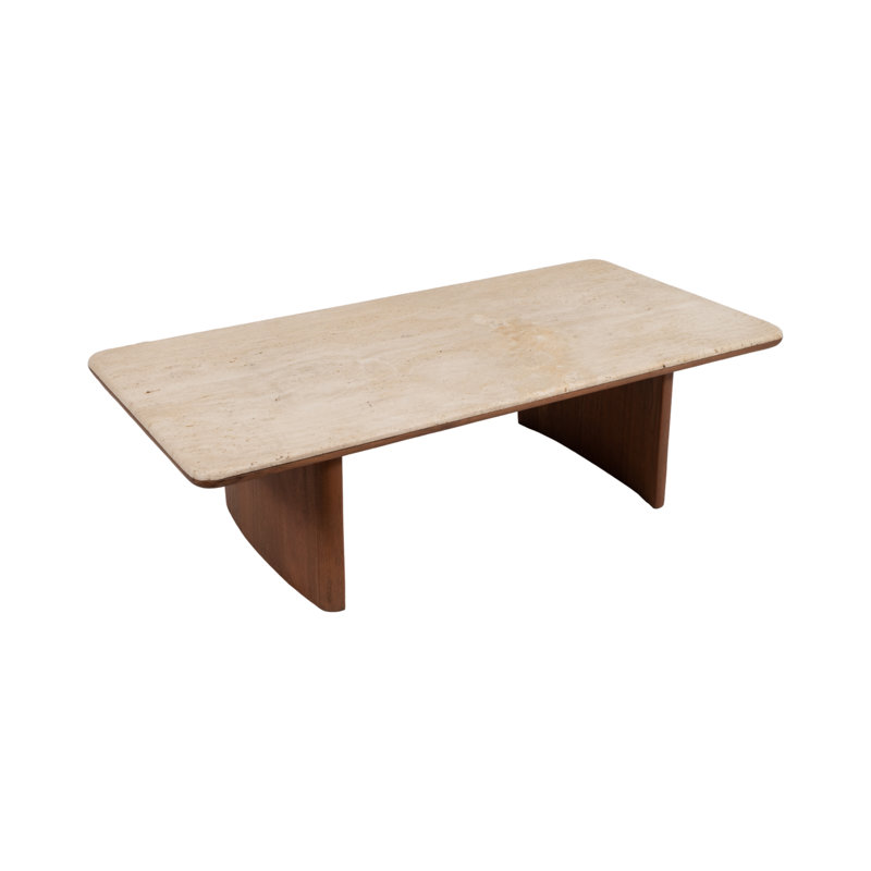 Travertine Coffee Table with Natural Wood Base, Rectangular Living Room Table in Warm Earth Tones, 55"