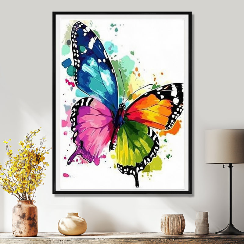 Butterfly Rainbow Happiness - Butterfly Animal Wall Art, 20" H x 12" W x 1" D, Black Framed Canvas