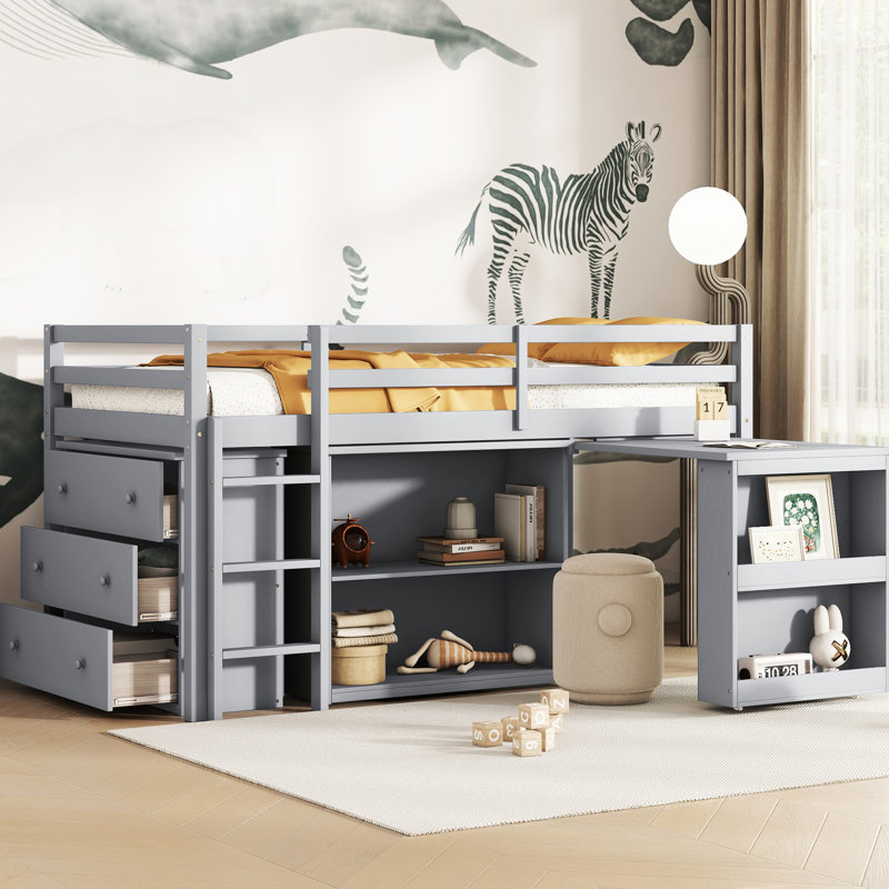 Lit mezzanine simple protégé avec armoires et bureau, gris, Gris