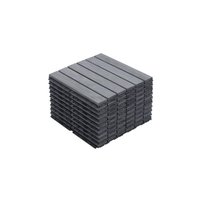 Carreaux de terrasse en bois d'acacia imbriqués carrés 12 po x 12 po (10 pièces) - Motif rayé gris