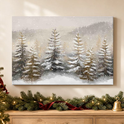Evergreen Pines in Snow - Winter Forest Landscape Wall Art, 24" H x 36" W Wrapped Canvas Print, Ready to Hang for Living Room, Bedroom or Home Office