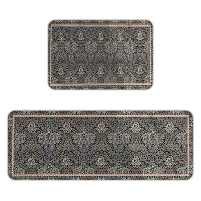 Vintage Floral Damask Kitchen Mats, Set of 2 Non-Slip Flannel Rugs for Dining Room