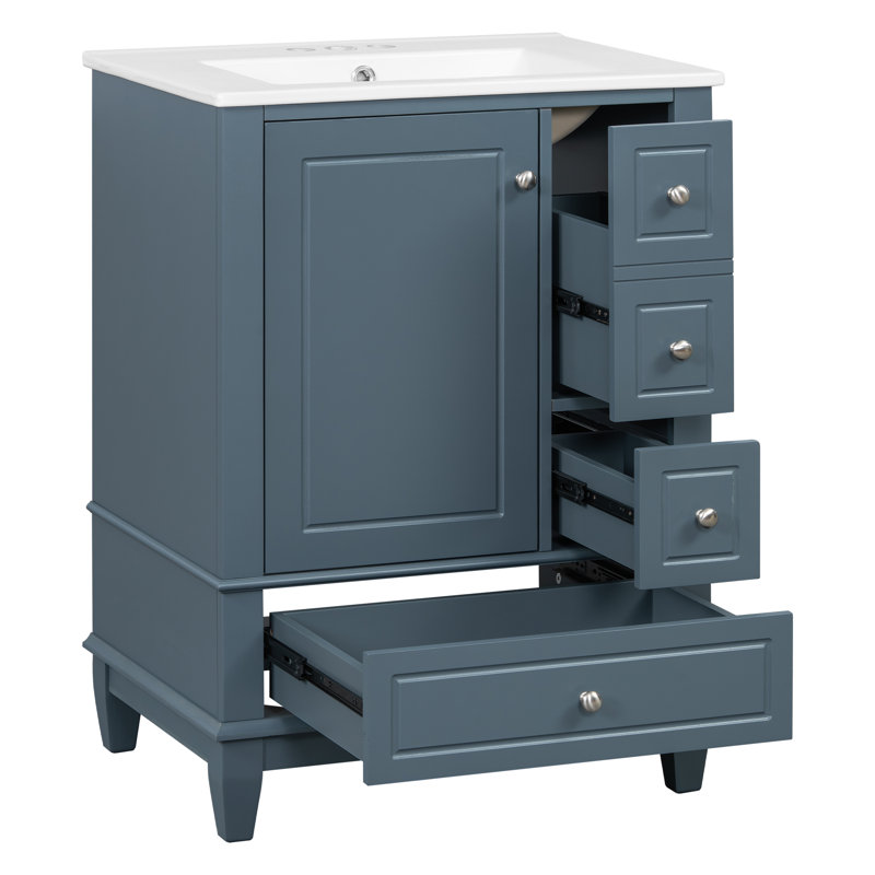 Meuble-lavabo autoportant 24 po avec lavabo en céramique et cadre en bois massif 24 po, Blue Grey, 24"W