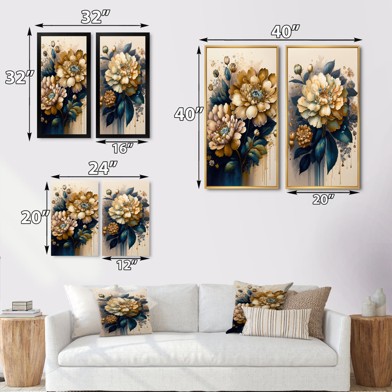 «Deep Yellow and Blue Zinnia Flowers», 2 pièces sur toile, Encadrement doré, H 20 po x l 24 po
