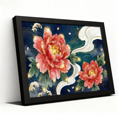 Peony Flower And Cloud Wave Pattern Canvas Wrapped Wall Art Oil Painting Print Set Of 1
