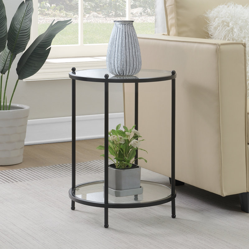 Carolina Round Glass End Table with Metal Shelf, Black