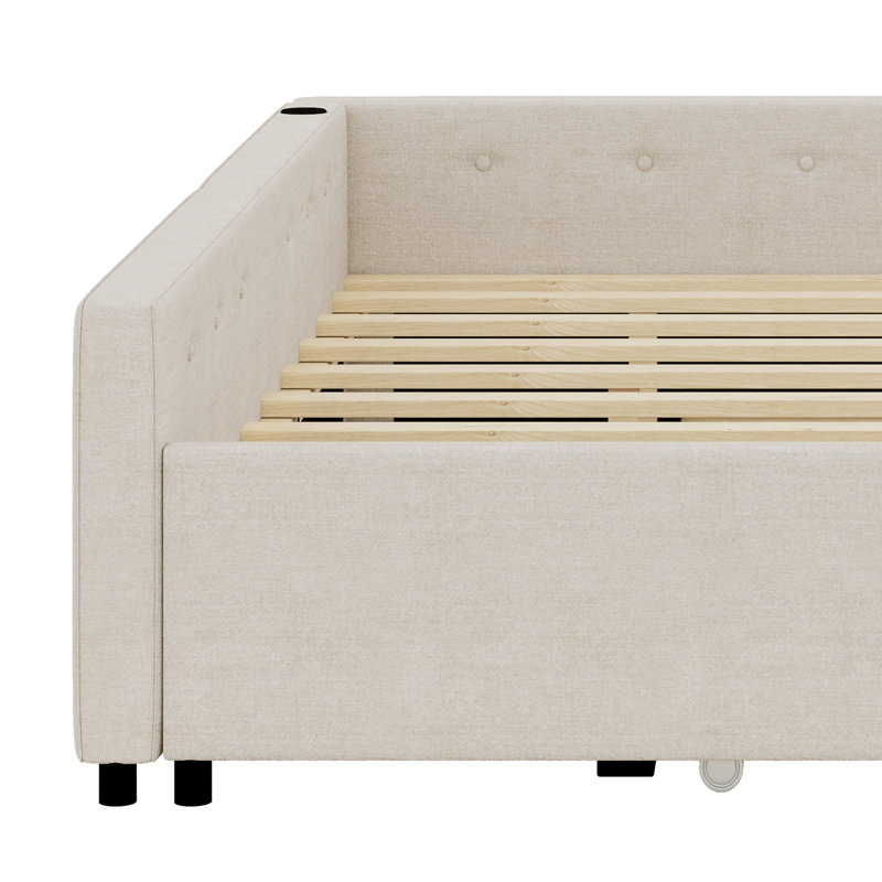 Lit plateforme tapissier avec port USB et gigogne, Grand lit